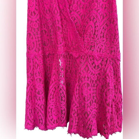 Free People Lace Pink Orchid Heart in Two Drop Waist V Neck Mini Dress Size L - Picture 3 of 6